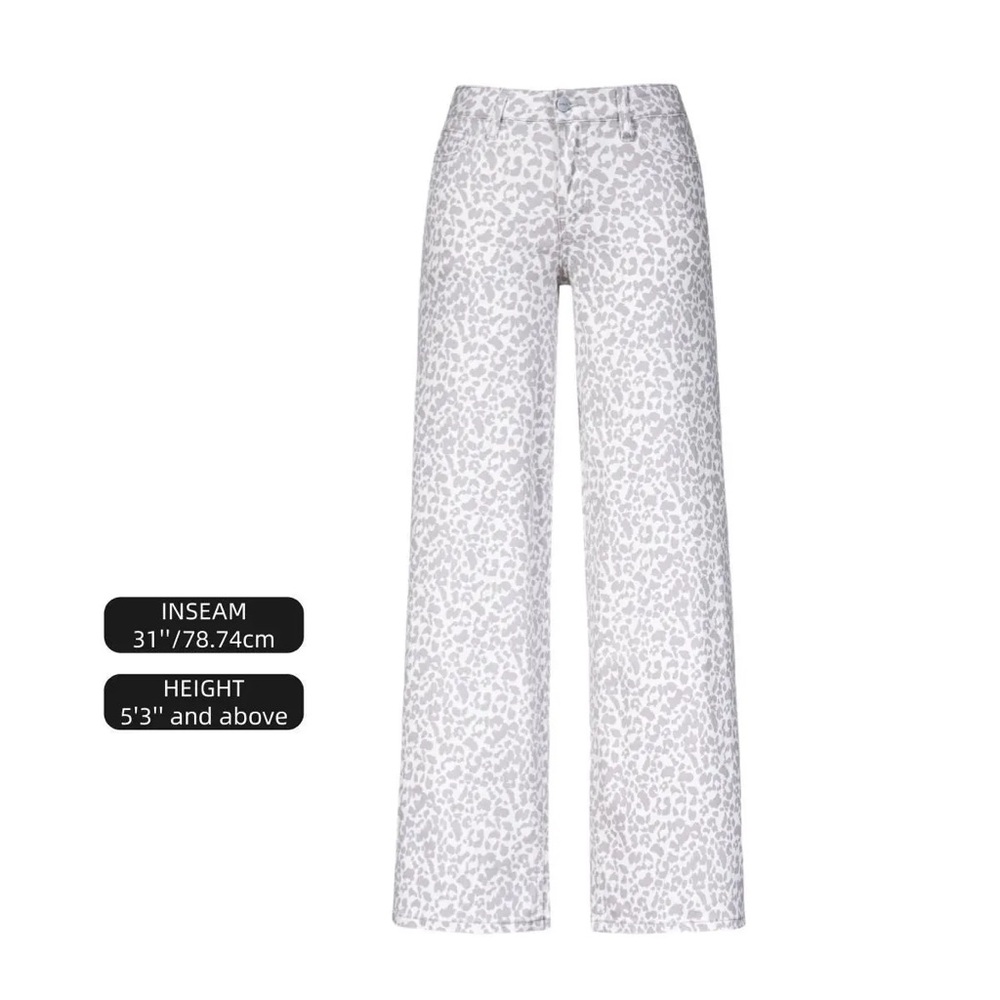 White and Light Gray Leopard Print Wide-Leg Jeans